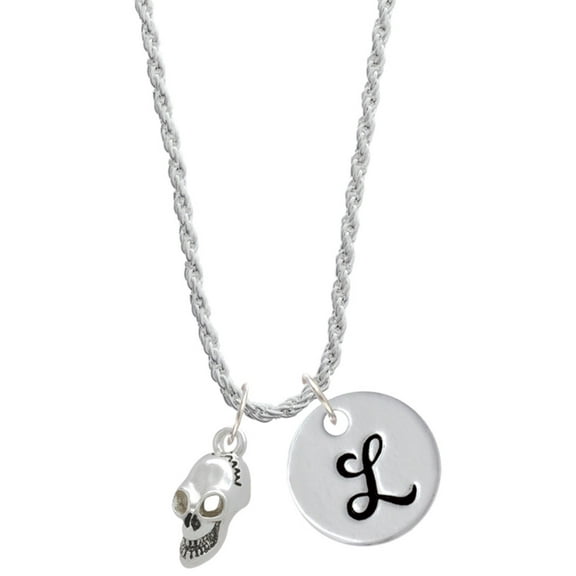 Delight Jewelry Silvertone Medium Skull Silvertone Script Initial Disc - L - Charm Necklace, 20"+3"