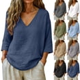 thumbnail image 7 of Women's V Neck 3/4 Sleeve Linen Blouse Loose Fit Solid Color Summer Top, 7 of 7