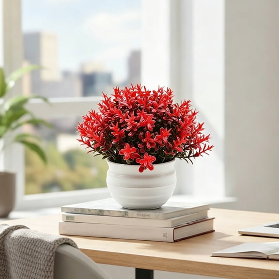 YAZHPA Mini Plastic Faux Plants in Pot/Small Topiary Shrubs Fake Greenery for Bathroom, House Decorations (Red Grass)