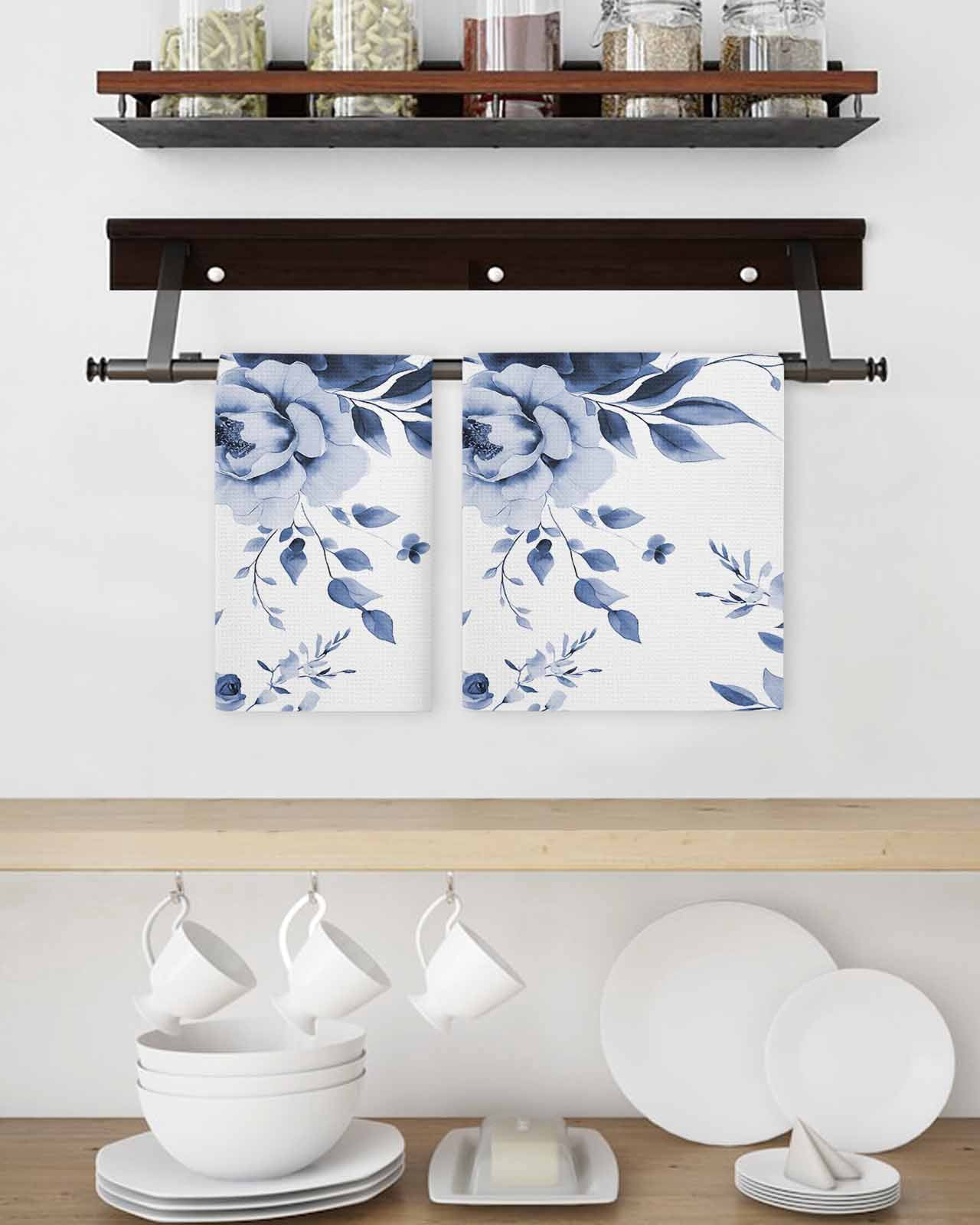 Blue Floral Art Kitchen Dish Towels for Drying Dishes Set of 4, Watercolor Botanical Spring Flowers Waffle Weave Microfiber Terry Hand Tea Bathroom Towels Quick Dry & Absorbent Towel 15.7x23.6