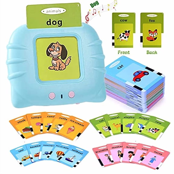 Educational Toddler Toy Flashcards Device,WONFAST 112PCS Double-Sided Illustrations Words Audible Preschool Learning Flash Cards Reader for Kids Boys Girls Birthday Christmas Children Gifts (Blue-1)