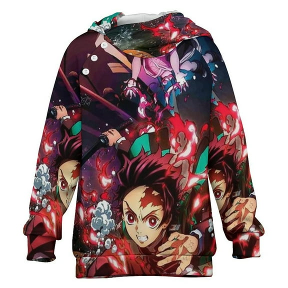 Demon Slayer Kids Hoodie Raglan Sleeve Hooded Snap Sweatshirt Casual Wear Soft Breathable Outerwear Winter Clothes 6-7Y