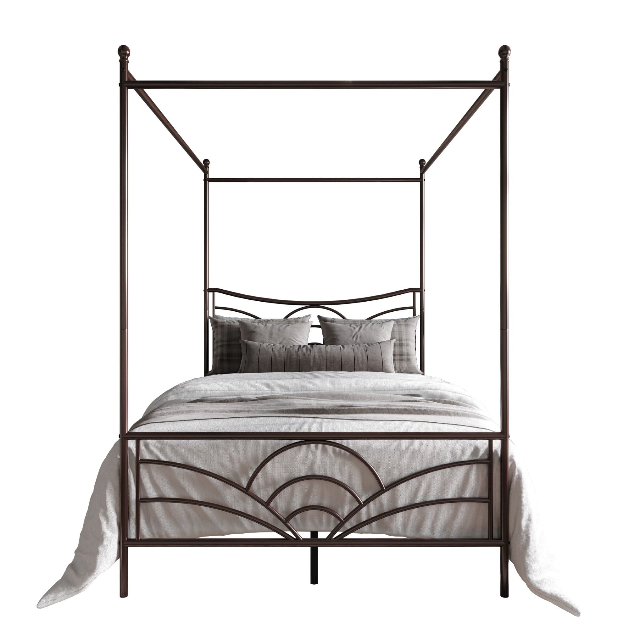 Home Design Denver Full Metal Canopy Bed Frame with Arched Headboard, Center Support Leg, Brown, Easy Assembly