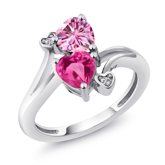 Gem Stone King 925 Sterling Silver Pink Moissanite Pink Created Sapphire and White Moissanite Ring for Women (1.63 Cttw, Heart Shape 6MM, Gemstone Birthstone, Size 7)
