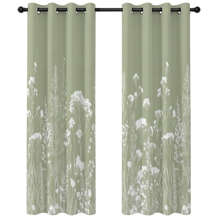 Sage Green Blackout Curtains 63 Inches Long White Botanical Floral Silhouettes Country Thermal Insulated Room Darkening Drapes with Grommets for Living Room 42 W x 63 L 2 Panels