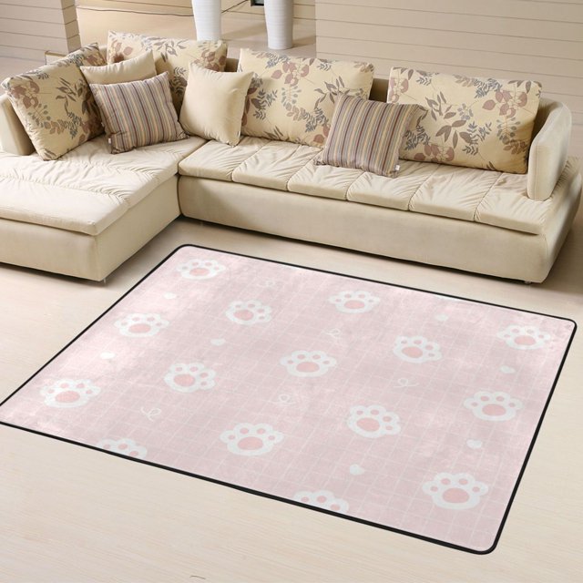 DouZhe Tapis de Zone Motif Empreintes de Pattes de Chat Rose Mignon Antidérapant Lavable en Machine, Style Tapis Paillasson, 63x48 Pouces