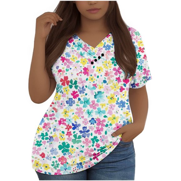 Mujeres Tops Casual Manga Corta V-Cuello Botón Decoración Plisado Blusa para Más Tamaño L-5xl