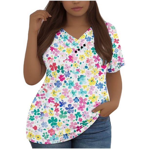 Mujeres Tops Casual Manga Corta V-Cuello Botón Decoración Plisado Blusa para Más Tamaño L-5xl