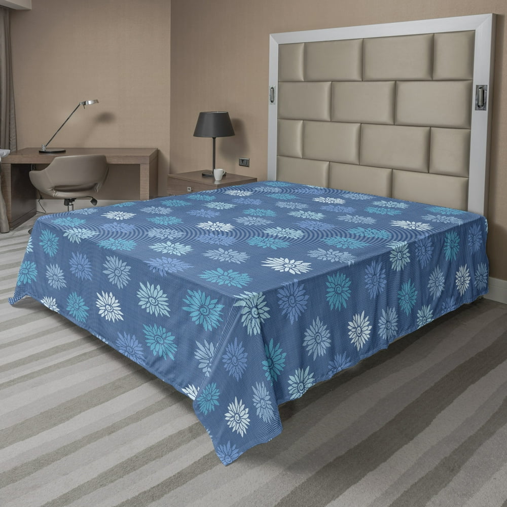 Floral Flat Sheet, Ornamental Repeated Flowers Colored in Baby Blue