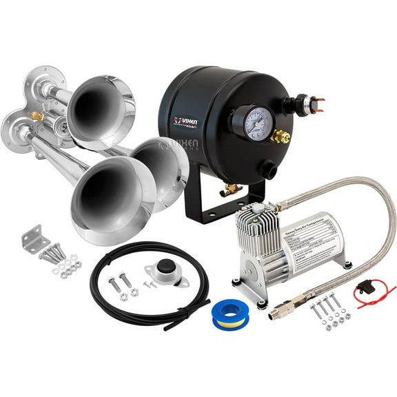 Vixen Horns Train Horn Kit for Trucks/Car/Semi. Complete Onboard System- 150psi Air Compressor, 0.5 Gallon Tank, 3 Trumpets. Super Loud dB. Fits Vehicles like Pickup/Jeep/RV/SUV 12v VXO8705/3114