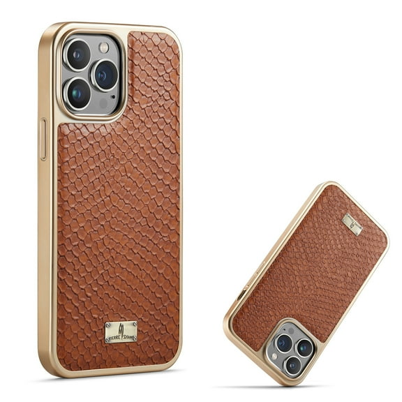 Allytech for Apple iPhone 14 Pro Max 6.7 inch Case 2022, [Electroplating Metal Frame] and Luxury Snake Pattern PU Leather Hybrid Heavy Duty Protection Shockproof Thin Slim Lightweight Cover, Brown