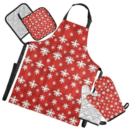 Checked Background Snowflakes Apron Set with Oven Mitts Pot Holders Set of 5 Kitchen Stuff Accessories