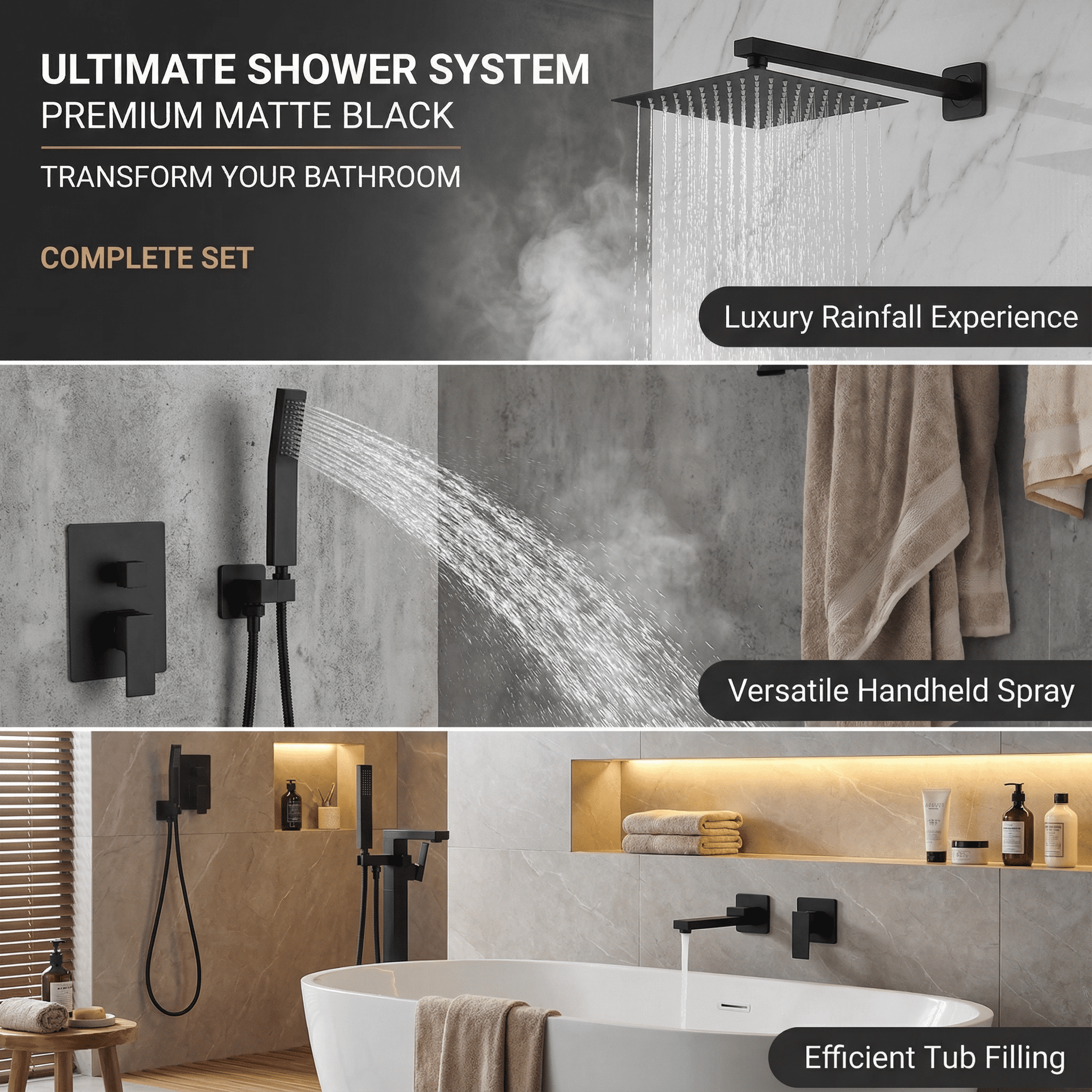 LIFERECORD 3-in-1 Matte Black Shower System with Rainfall Shower Head, Handheld Shower & Tub Spout, Adjustable Bathroom Shower Fixture with Brass Rough-In Valve, Easy Clean Silicone Nozzles