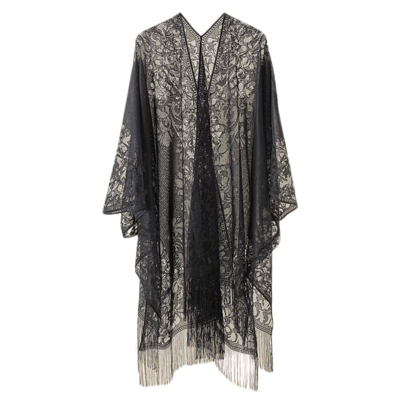Women Lace Bikini Swimsuit Cover Up Hollow Out Crochet Floral Fringe Tassels Open Front Cardigan Solid Color Beach Cape