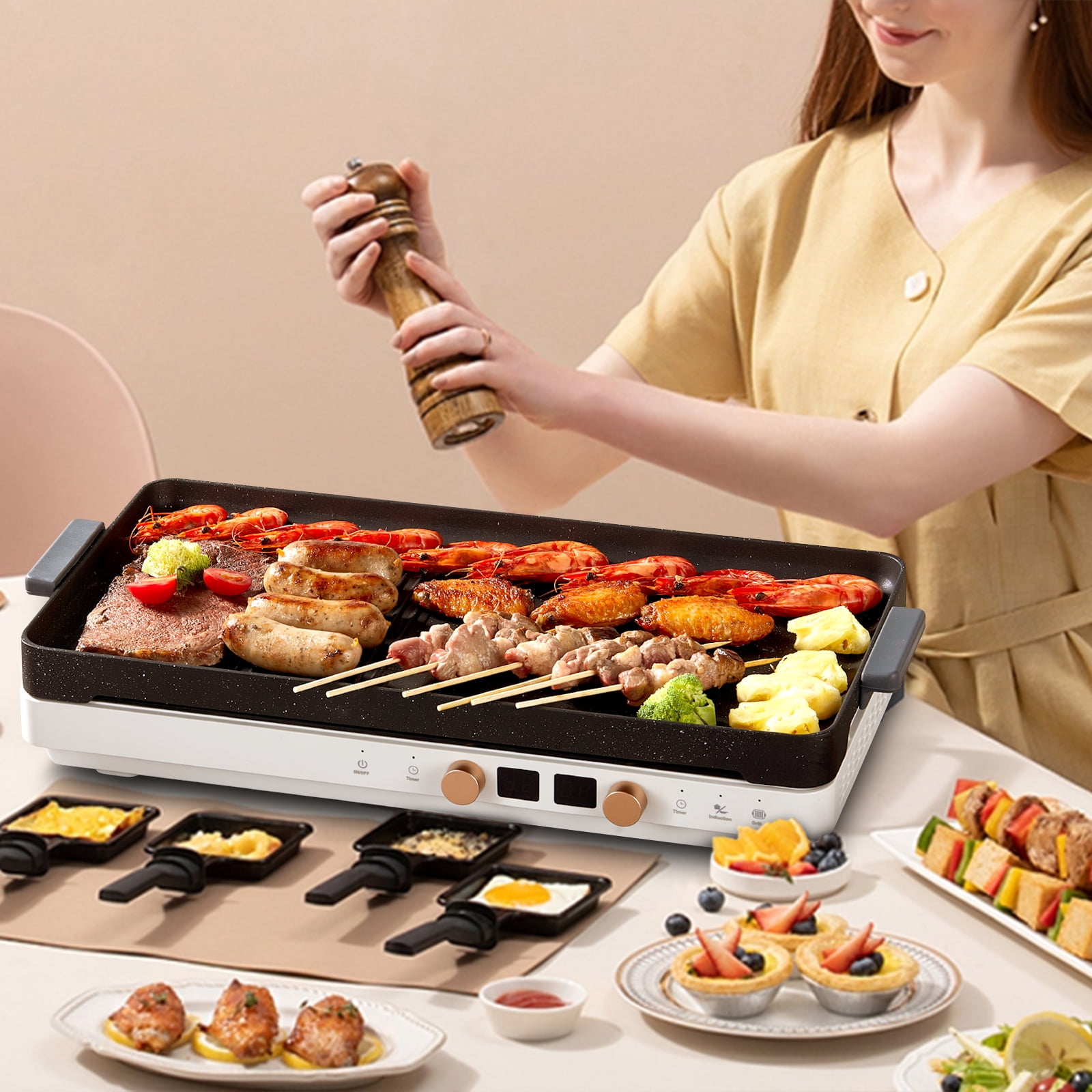 Induction Cooktop 2 Burners, 1800W Countertop Burners with Removable Cast Iron Griddle Pan Non-Stick, 8 Power Levels Control