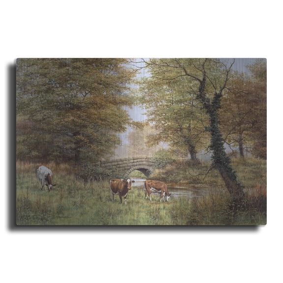 Luxe Metal Art 'Cows By Bridge' by Bill Makinson, Metal Wall Art, 36"x24"