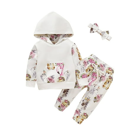 

Kucnuzki 0 Months Baby Girl Fall-Winter Outfits Pants Sets 3 Months Long Sleeve Contrast Floral Prints Hooded Sweatshirt Tops Elastic Floral Cozy Pants Headband 3PCS Set White