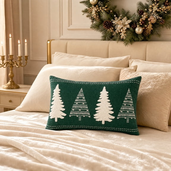 Christmas Pillow Cover 12x20, Green Velvet Embroidered Christmas Tree Pillow Covers, Xmas Christmas Decor Winter Decorative Pillows for Couch Bed