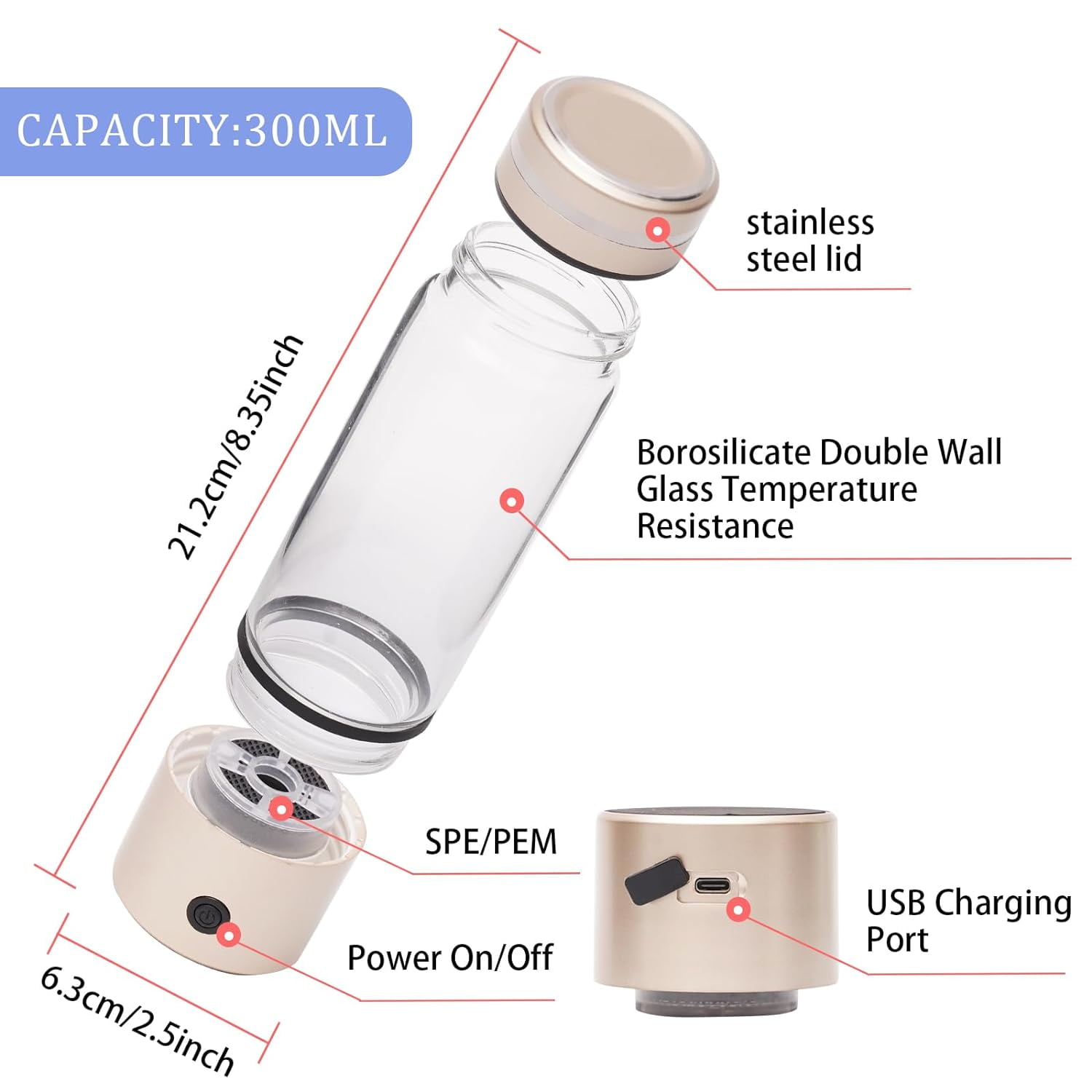 Hydrogen Water Bottle Generator, Portable H2 Water Ionizer Machine Cup with Rechargeable Glass Bottle, Healthy Alkaline Hydrogen Ions Water Maker Pitcher, Gift for Men Women