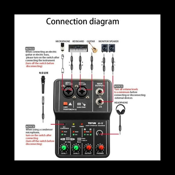 2X Tarjeta de Sonido Q-12 Mezclador de Audio Placa de Sonido Consola Interfaz de de Escritorio 4 Canales 48V Potencia Estéreo Tarjeta de Sonido para Ordenador