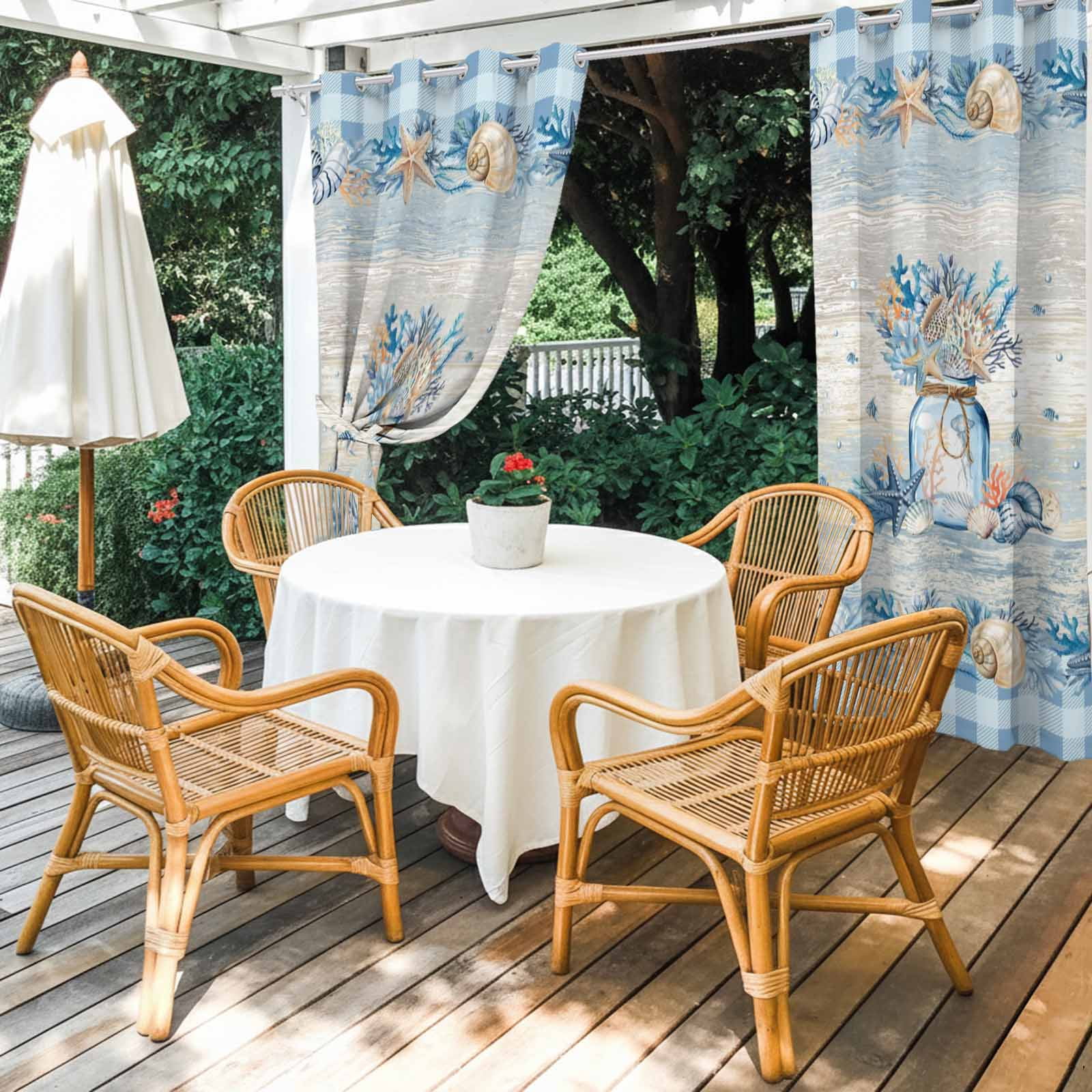 Blue Coastal Outdoor Curtains for Patio, Summer Beach Coral Starfish Vintage Plaid Ocean Sunshade Privacy Drapes Grommet Waterproof Outside Curtains for Porch/Cabana/Balcony 54"x 108", 1 Panel