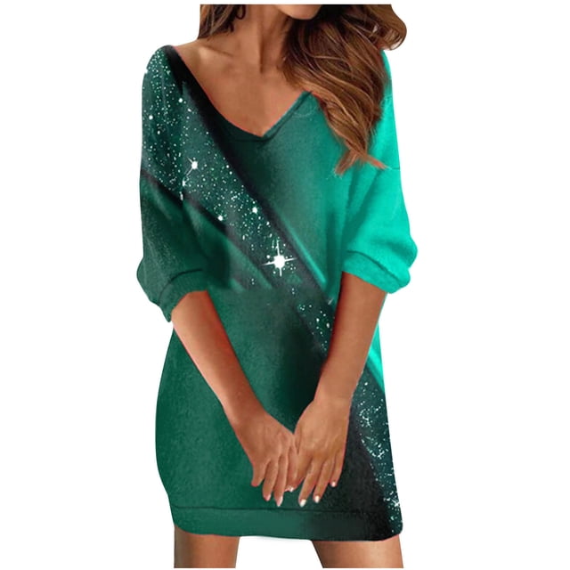 FAIWAD Robes Décontractées pour Femmes Grande Taille Col en V Manches 3/4 Robe Portefeuille Imprimé Tendance Mini Confortable Courte Tunique