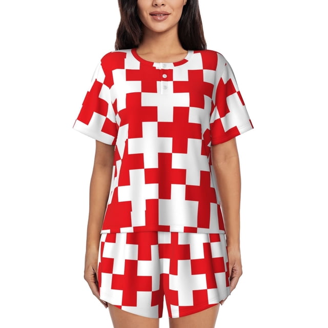 Fotbe Red Cross 1 Conjunto de Pijama Estampado para Mujer, 2 Piezas, Ropa de Dormir con Camiseta de Manga Corta y Shorts Suaves-4X-Large