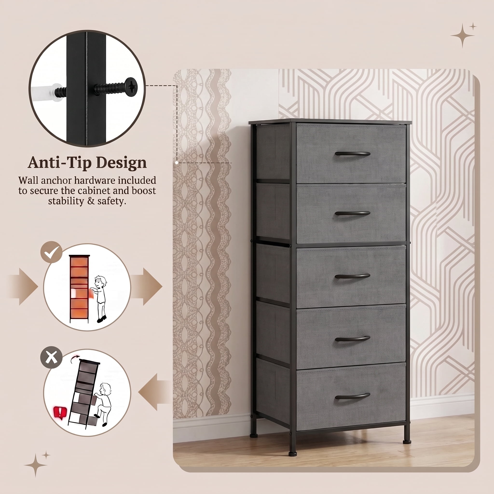 TrumanPick Fabric Storage Drawer Bedroom Dresser, Tall Dresser for Closet, 5 Fabric Dresser with 5 Storage Drawers for Clothes, Living Room, Hallway, Entryway, Gray