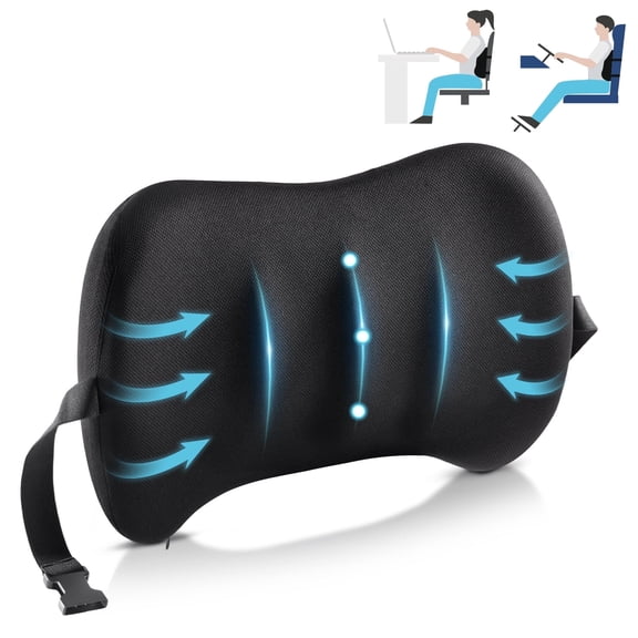 WANTELL Lumbar Support Pillow for Car Seat and Office Chair, Memory Foam Back Cushion with Breathable Cover and Adjustable Straps for Driving, Ergonomic Orthopedic Back , Black
