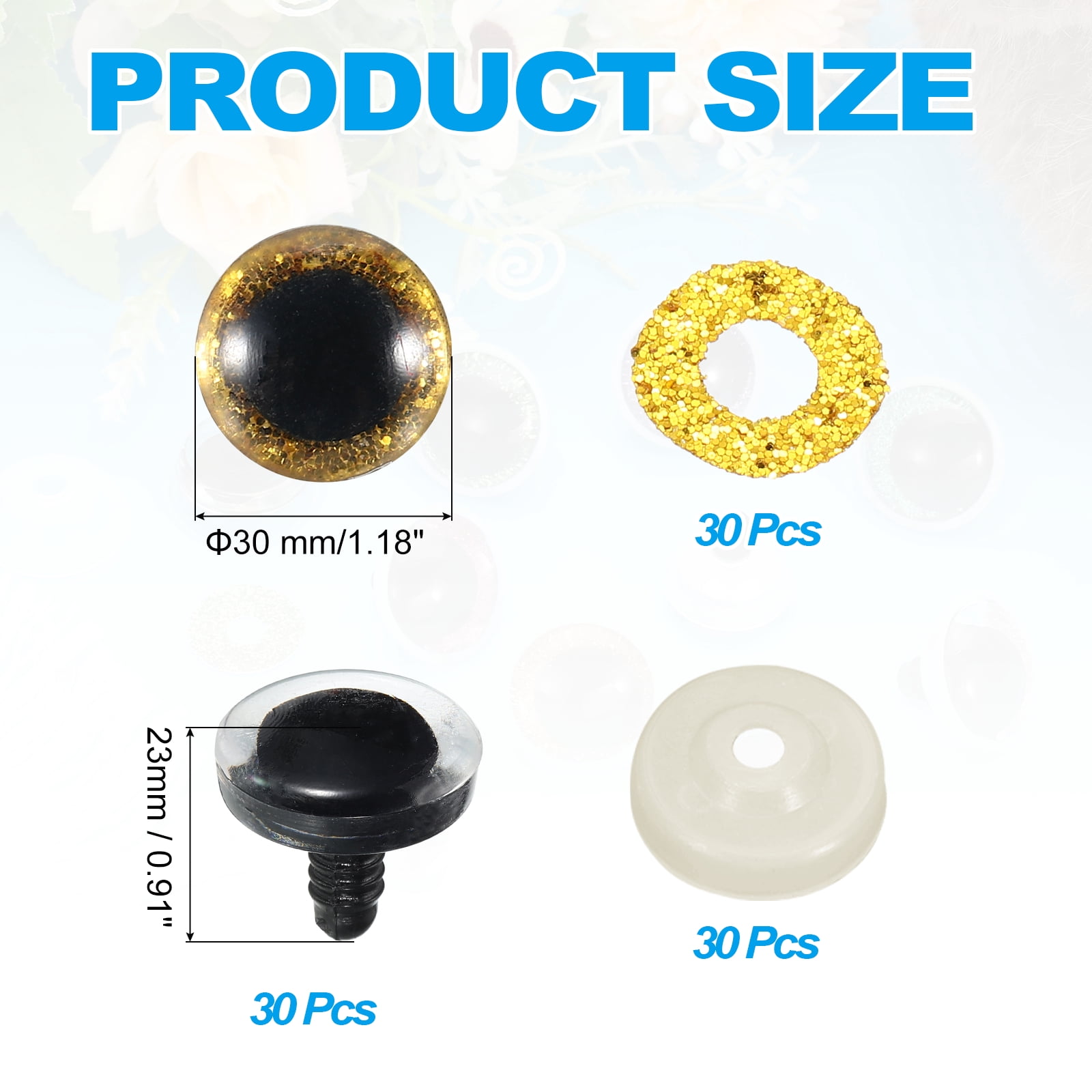 Uxcell 30mm Flash Safety Eyes, 30 Pcs Plastic Glitter Safety Eyes Realistic Colorful Crocheting Safety Eyes for Decor Crochet Accessories Dolls Craft, Golden