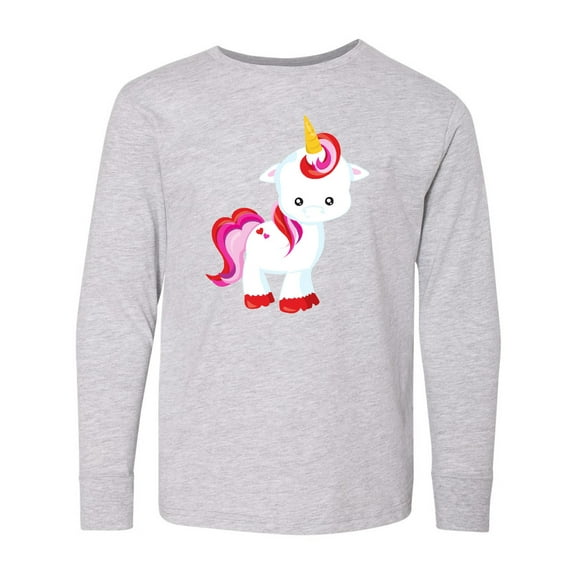 Inktastic Cute Little Unicorn With Red And Pink Mane, Hearts Long Sleeve Youth T-Shirt