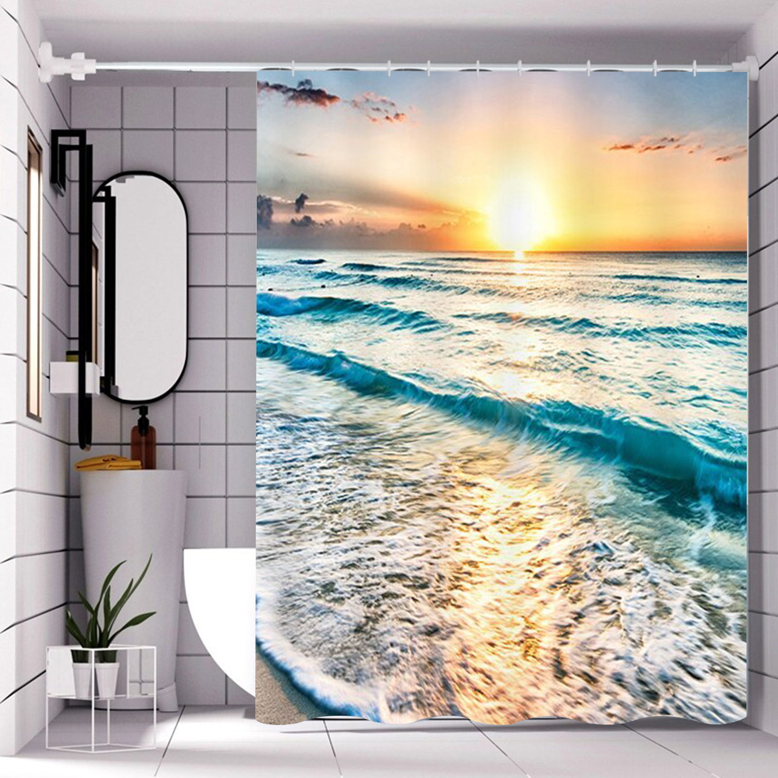 Beach Themed Scene Decorative Shower Curtain Sets with Hooks for