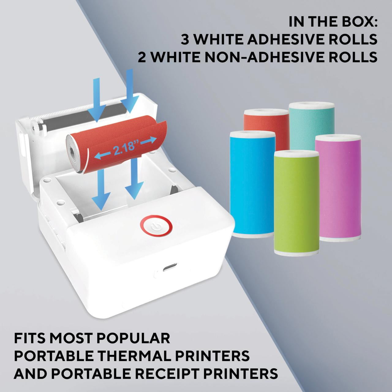 Core Innovations Thermal Printer Adhesive Sticker Paper Rolls, Primary Colors, 2.18", 5-Pack