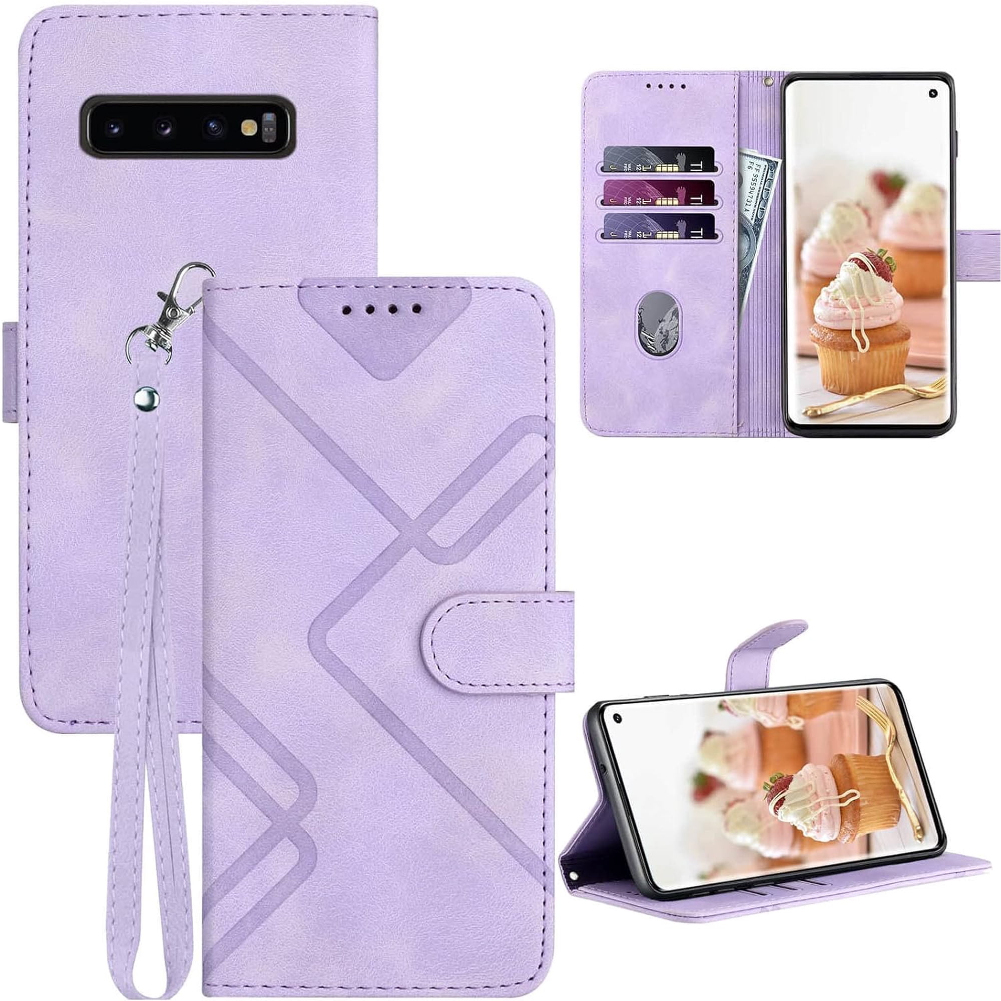 S10 Wallet Case,for Galaxy S10 Case,Card Holder Leather Kick-stand,2023 Flip Cases Protector,S10 Phone Case Wrist Strap, Closure,Shockproof Protective Cover for Samsung Galaxy S10 (Purple)