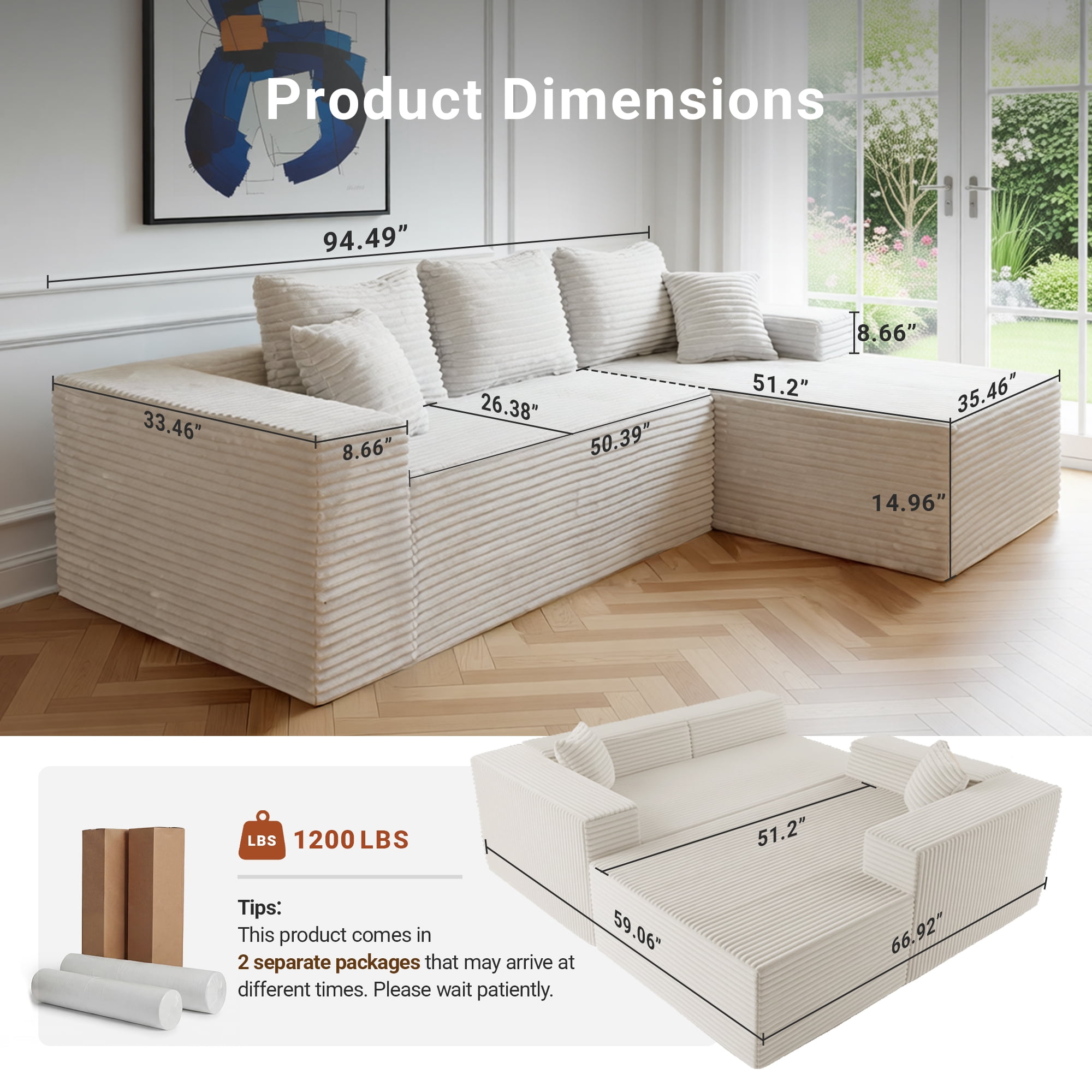 94" Boneless Sectional Sofa with Lounge, L-Shape Living Room Cloud Modular Convertible Sleeper Sofa, Corduroy Couch Deep Seat Sleeper Set,Bedroom Reversible Sofa W/Pillows,Beige,Right