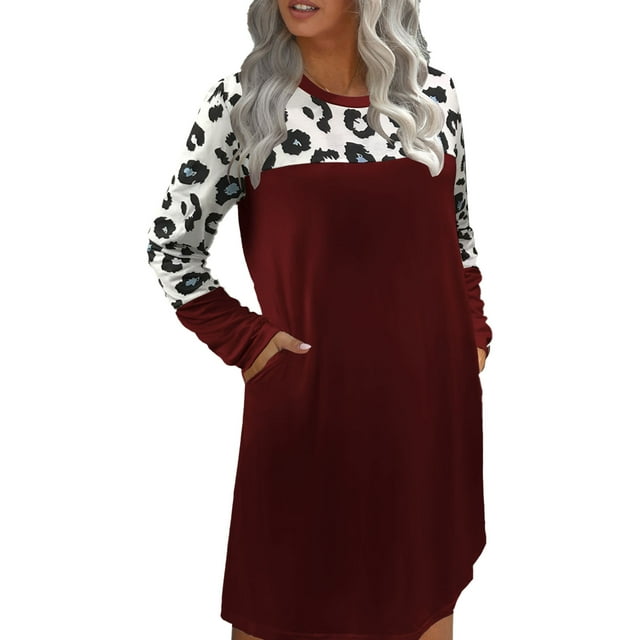 Vestido de cuello redondo para mujer, manga larga, estampado de leopardo, franjas de diferente color, suelto, cómodo, bolsillo lateral, vestido femenino