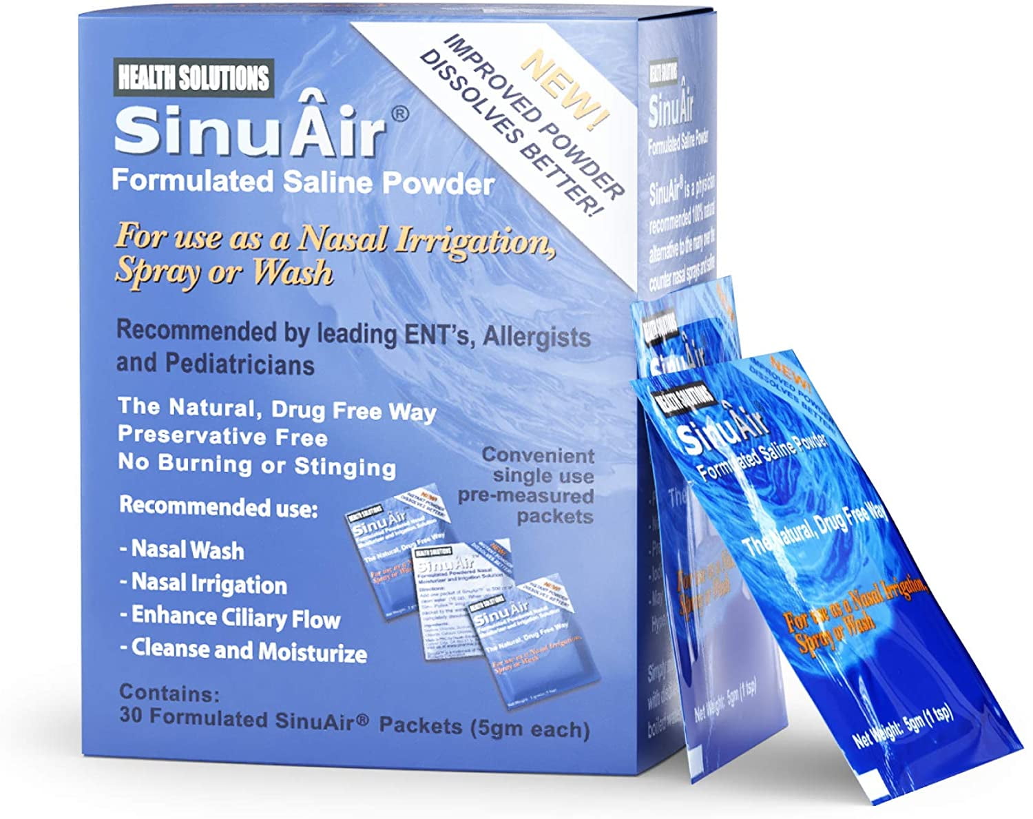 Health Solutions SinuAir Formulated Powdered Nasal Moisturizer and Irrigation Solution, 5 mg, 30 ct