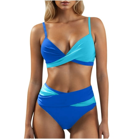Light Royal Blue Juniors Matching Spaghetti Strap Swimsuit Bikini Tankini Sets for Women Spandex Color Block High Leg Triangle Two Piece with Slit Set 2025 Clothes Fashion XL