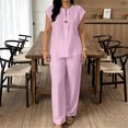 thumbnail image 4 of MXUIKV 2 Piece Sets for Women Summer Loose Fitted Sleeveless V-Neck T-Shirts Straight Leg Trousers(Large,Pink), 4 of 5
