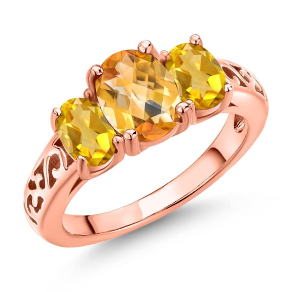 Gem Stone King 18K Rose Gold Plated Silver Yellow Citrine Filigree Style 3 Stone Ring for Women (2.15 Cttw, Oval 8X6MM and 6X4MM) (Size 9)