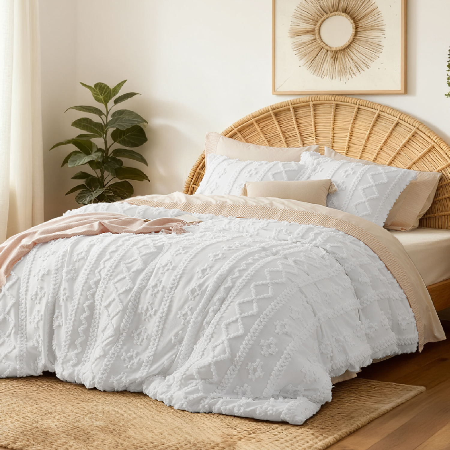 U by Bedsure Tufted Boho Comforter Set, 2 Pieces Farmhouse Shabby Chic Embroidery Bed Set, Soft Jacquard Comforter for All Seasons,Twin,Pure White