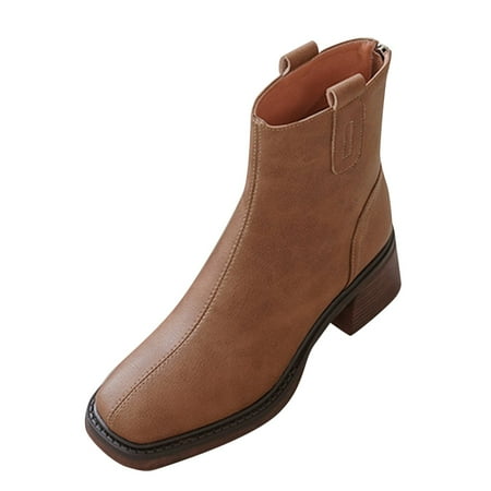 

XINSHIDE Women Ankle Boots Fashion Autumn Women Ankle Boots Heel Middle Heel Square Toe Solid Back Zipper Fashion Shoes