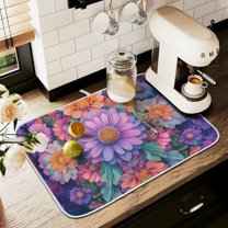 Yayeee Drying Mat for Kitchen Counter Dishes Microfiber Coffee Decorative Pad, Light Purple Flowers