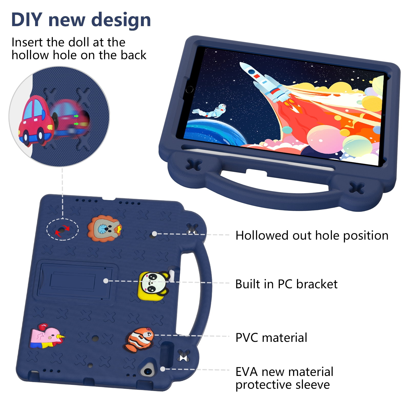 ELEHOLD Kids Case for iPad 9th/8th/7th Gen (2021/2020/2019)10.2 inch, EVA Foam Cute Cartoon Case with Built-in Kickstand Pencil Holder Shockproof Portable Case for iPad 10.2",Navyblue