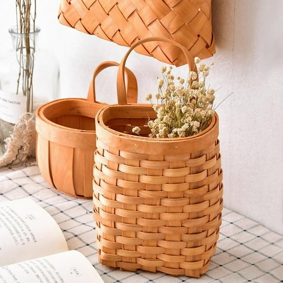 Hanging Wicker Basket Hand-Woven Wood Storage Basket Portable Wall Hanging Flower Basket Organizer Fruit Vegetable Rattan Box Home Decoration Height 6.1in, 4.9x6.13"