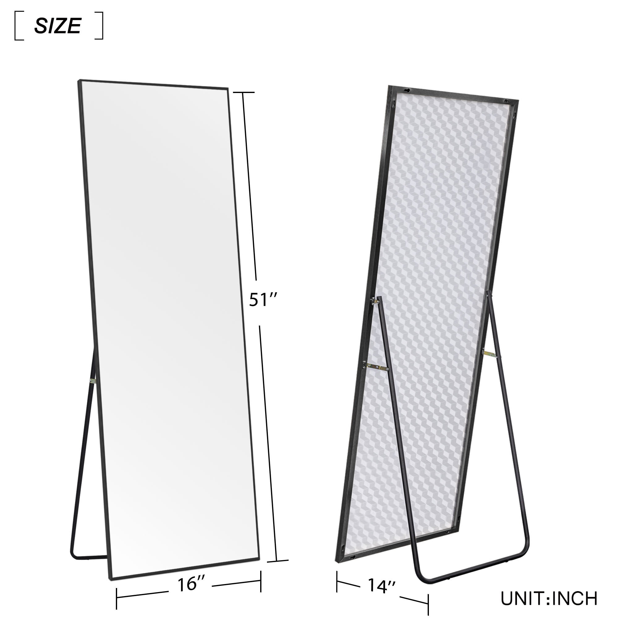 51"x16" Full Length Mirror Aluminum Alloy Rectangle Body Dressing Floor Mirrors with Stand Black