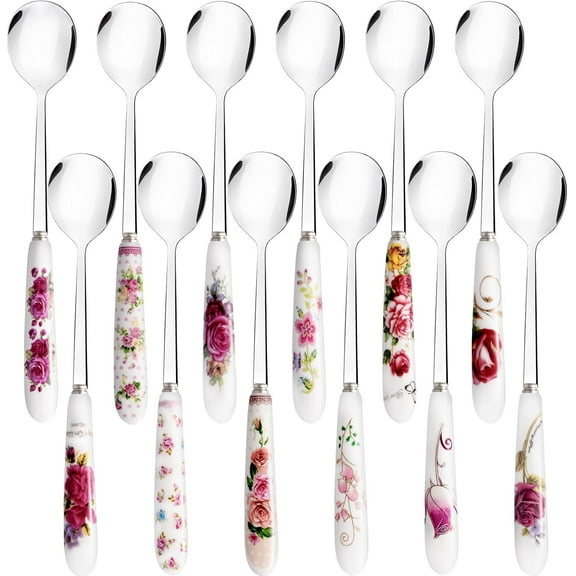 12Pcs Floral Stainless Steel Spoons with Ceramic Handle, Ice Cream & Dessert Spoons, Silverware Set (12 Floral Patterns)