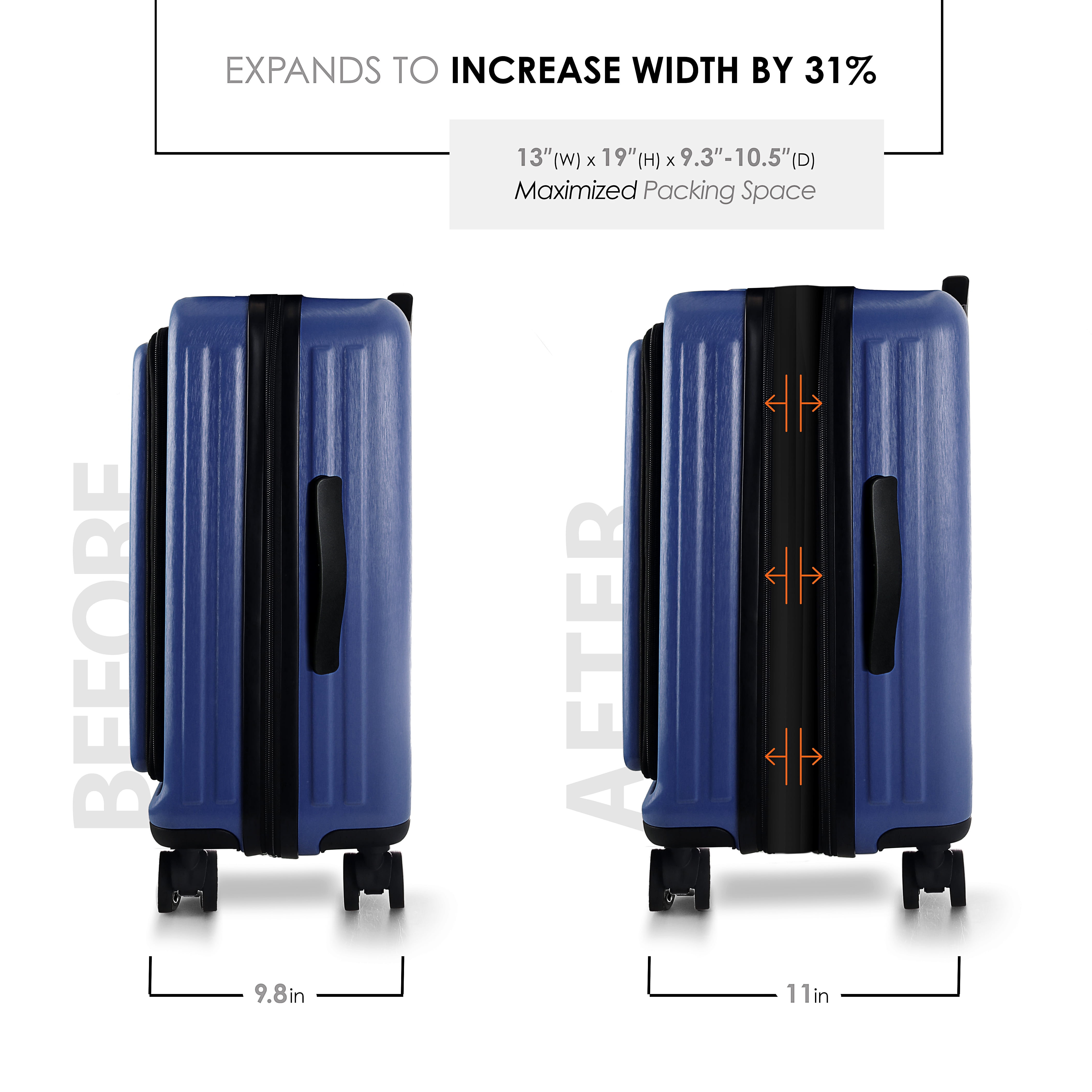Virtu 20 inch Hardside Carry-On Expandable Luggage, Front Pocket Luggage Set Spinner Suitcase Set, Navy