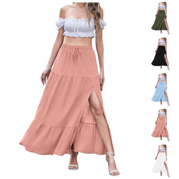 LIBRCLO Skirts for Women Maxi Length Ruffled Side-Slit Skirt Summer Solid Color Beach Clothes