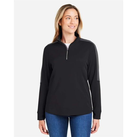 CORE365 CE404W Women's Market Snag Protect Mesh Colorblock Quarter-Zip Pullover-BLACK/ CARBON-2XL